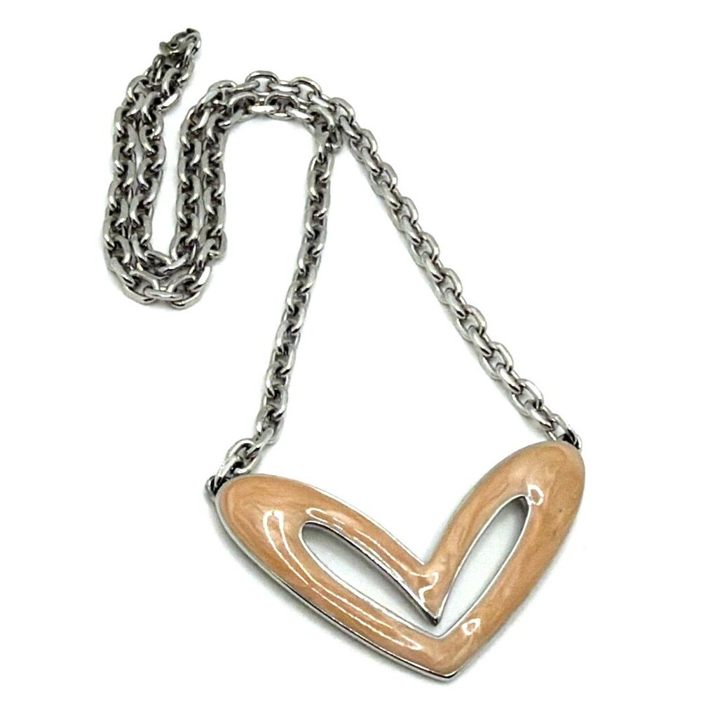 Vintage Monet Peach Enamel Heart Necklace Silver Tone Modernist Signed 80s 17"